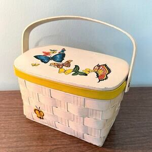 Vintage Caro-Nan Basket Purse Hand Painted Butterfly Yellow Red Gingham Signed